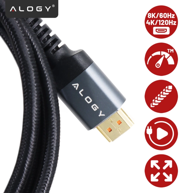 Kabel HDMI 2.1 Alogy 1m 4K 8K PREMIUM MIEDŹ ULTRA High Speed 60Hz 48GBps Czarny
