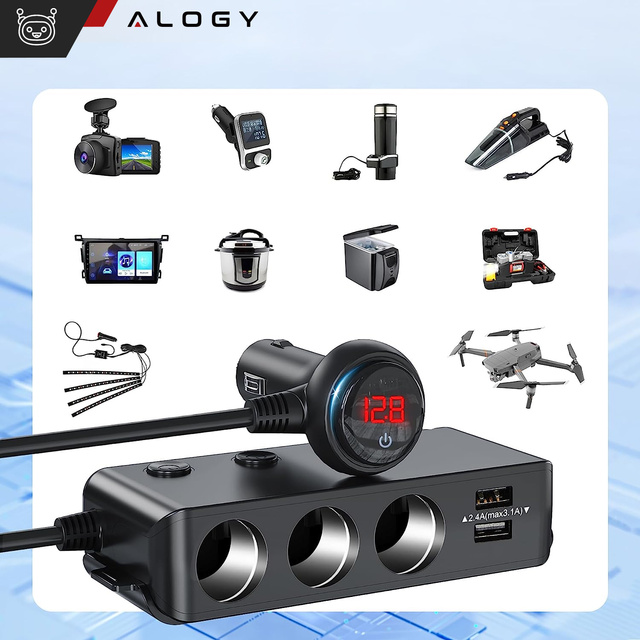 Alogy Adapter Rozdzielacz gniazda zapalniczki przełącznik 120W 3x Gniazdo zapalniczki + 4x USB QC Czarny