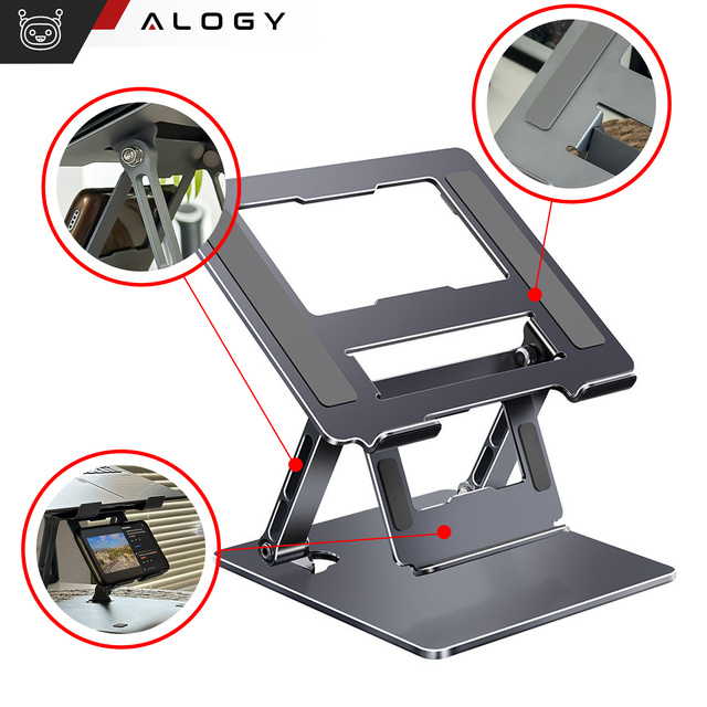Alogy Uchwyt na laptop 17" Macbook tablet telefon stojak 2w1 podstawka składany regulowany aluminiowy na biurko Grafitowy