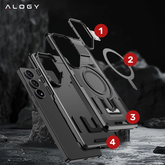 Etui do Samsung Galaxy S25 Plus Case do MagSafe Wzmocniona Pancerna ochrona obiektywów z funkcją podstawki obudowa ochronna na telefon Alogy HeavyDuty Mag™️Czarne