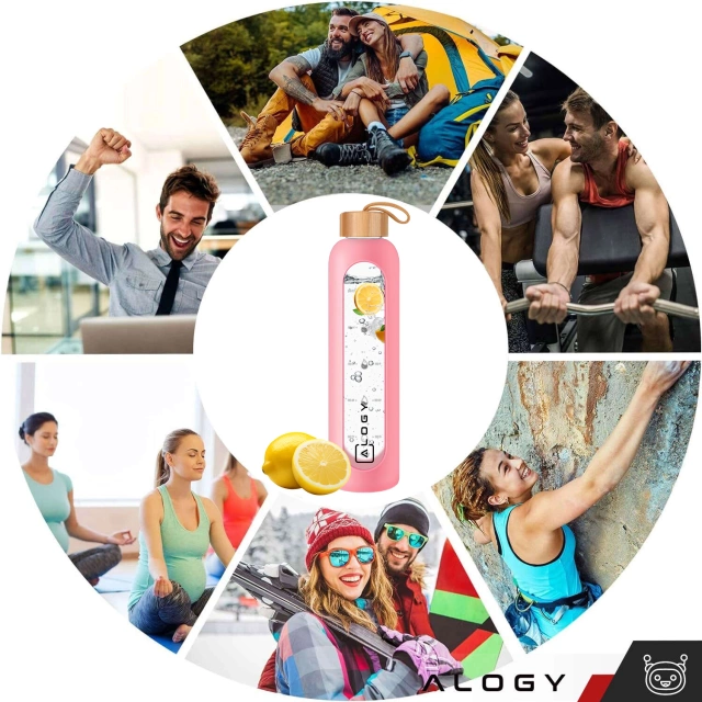 Alogy Motivational Glass Water Bottle Butelka szklana duża bidon na wodę napoje Miarka motywacyjna 1l 1000ml Różowa