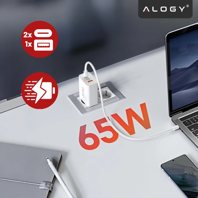 Ładowarka Sieciowa 3w1 z Technologią GaN3 65W, Szybkie Ładowanie PD i QC, Porty 2x USB-C 65W + USB-A 30W, Kompaktowa i Wydajna, Alogy GaNCharge Compact™ – Biała