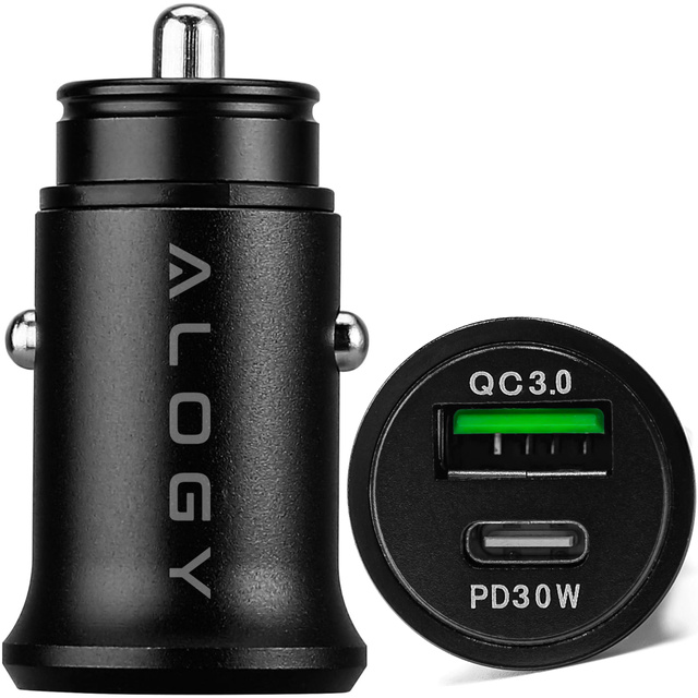 Alogy Car Ładowarka samochodowa USB QC 3.0 18W + USB C PD 30W szybka mocna do telefonu czarna