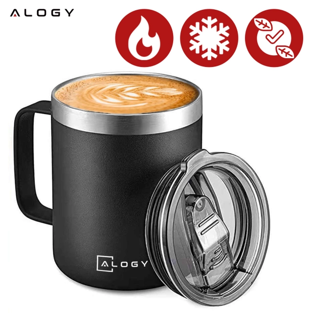Alogy Kubek termiczny z uchwytem Thermal Mug otwierana pokrywka stalowy zimno i ciepło Czarny