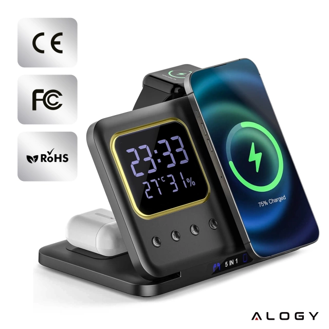 Ładowarka indukcyjna 5w1 składana Alogy MagStation Foldable Pro do MagSafe do Apple iPhone Watch AirPods z zegarem i higrometrem Czarna