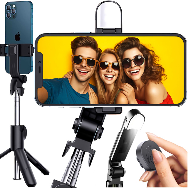 Alogy Uchwyt Bezprzewodowy Selfie Stick Bluetooth składany Tripod Mini statyw do telefonu z lampką LED