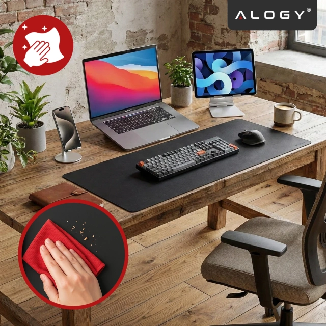 Podkładka na biurko 120×60 cm – antypoślizgowa mata ochronna z eleganckiej ekoskóry PU, pod mysz i klawiaturę, stylowa i trwała – Alogy WorkMat™ Czarna