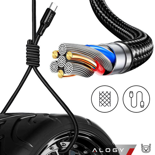 Alogy 2x Kabel USB-C typ C mocny szybki 60W PD 2M do iPhone 15/Pro/Max nylonowy przewód Czarny
