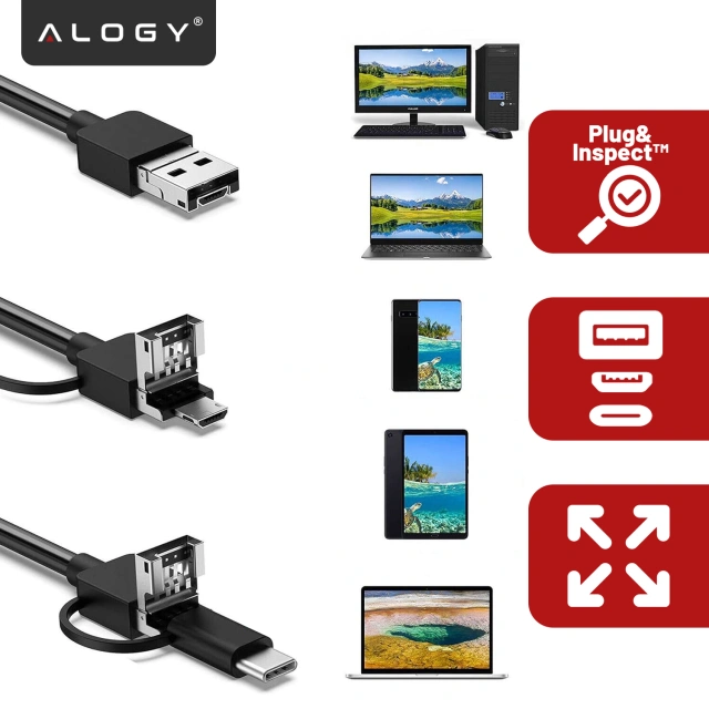 Alogy Hard Wire Kamera inspekcyjna endoskopowa micro USB + USB-C + USB Full HD 5m 8mm Endoskop