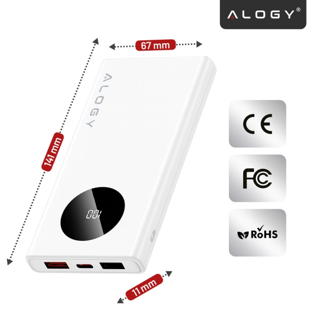 PowerBank 10000mAh z Technologią PD 120W, Szybkie Ładowanie PowerDelivery, Porty 2x USB-A i 1x USB-C, Wysoka Moc i Kompaktowy Design, Alogy TurboCharge™ – Biały