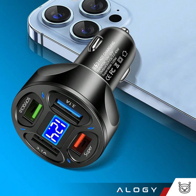 Alogy Car Ładowarka samochodowa 4x USB QC 3.0 66W szybka mocna do telefonu samochodu czarna