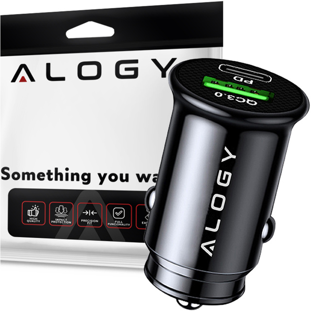 Alogy Car Ładowarka samochodowa USB QC 3.0 18W + USB C PD 20W szybka mocna do telefonu czarna