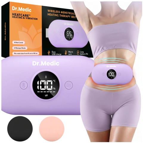 Pas Grzejący z Masażerem na okres i plecy - przeciwbólowy, ciepło + wibracje, 6 poziomów intensywności, akumulator 1800 mAh - Dr.Medic ThermoPulse™ Fioletowy