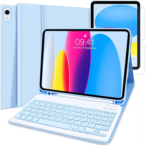 Etui ochronne z klawiaturą Alogy case z miejscem na rysik klawiatura bezprzewodowa do Apple iPad 11 2025 / iPad 10.9 2022 niebieskie + szkło