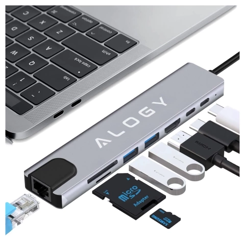 Hub 8w1 USB-C do 2xA+2xC+HDMI+SD+Micro+LAN 100mb – Alogy MultiHub™ Do Notebooka Laptopa