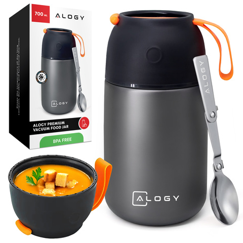 Alogy Termos obiadowy na jedzenie zupe dla dzieci 700ml ze stali nierdzewnej + składana łyżeczka termiczny szary