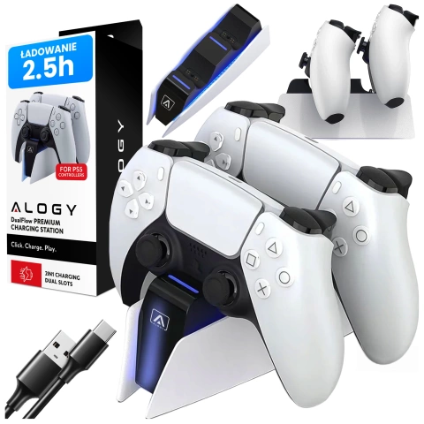 Alogy Podwójna stacja dokująca ładująca do kontrolera Pada do PlayStation 5 PS5 do 2 Padów Biała