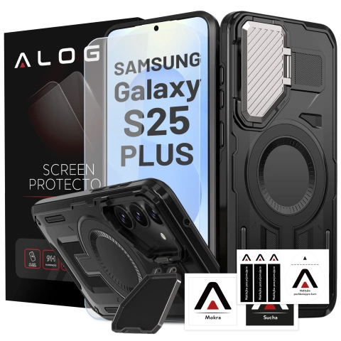 Etui do Samsung Galaxy S25 Plus Case do MagSafe Wzmocniona Pancerna ochrona obiektywów z funkcją podstawki obudowa ochronna na telefon Alogy HeavyDuty Mag™️Czarne