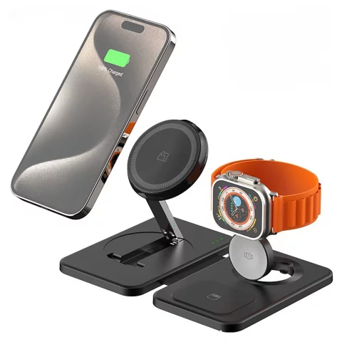 Ładowarka indukcyjna 3w1 składana Alogy MagCharge Foldable Pro do MagSafe do Apple iPhone Watch AirPods Czarna