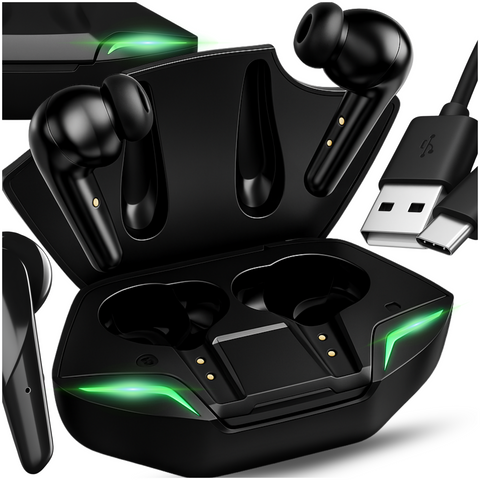Słuchawki bezprzewodowe Bluetooth 5.2 w etui powerbank dla graczy do gier gamingowe LED Czarne