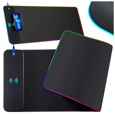 Podkładka na biurko z oświetleniem LED RGB pod myszkę mysz klawiaturę z ładowarką Qi do telefonu Alogy QiGlow Pro Mata ochronna antypoślizgowa gamingowa XL 80x30 cm Czarna
