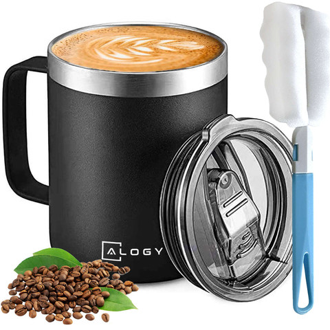 Alogy Kubek termiczny z uchwytem Thermal Mug otwierana pokrywka stalowy zimno i ciepło Czarny