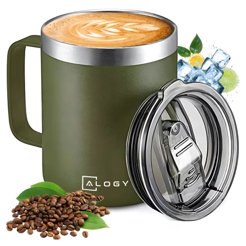 Alogy Kubek termiczny z uchwytem Thermal Mug otwierana pokrywka stalowy zimno i ciepło Zielony