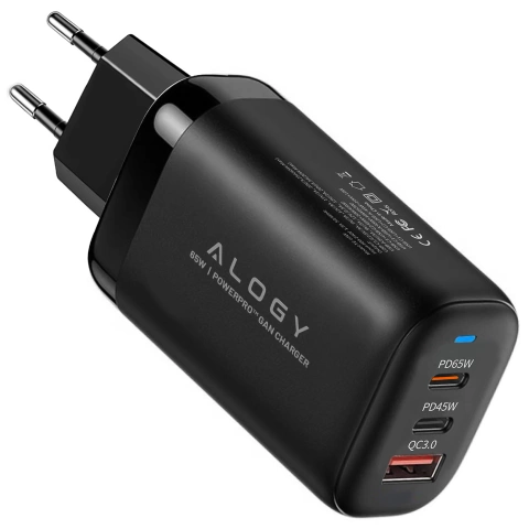 Ładowarka Sieciowa 3w1 z Technologią GaN3 65W, Szybkie Ładowanie PD i QC, Porty 2x USB-C 65W + USB-A 30W, Kompaktowa i Wydajna, Alogy GaNCharge Compact™ – Czarna