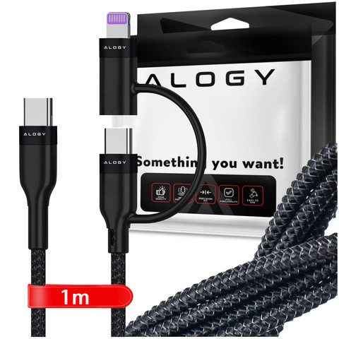 Kabel 2w1 Alogy USB-C typ C do Lightning PowerDelivery do Apple iPhone PD 60W 100cm 1M przejściówka adapter Czarny