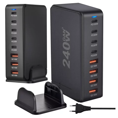 Ładowarka sieciowa 8w1 Ultra Szybka 240W GaN3 4x USB-C 4x USB Alogy Fast Charger Czarna