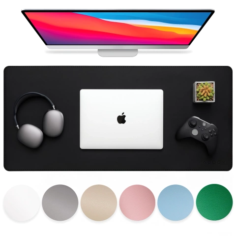 Podkładka na biurko 90×45 cm – antypoślizgowa mata ochronna z eleganckiej ekoskóry PU, pod mysz i klawiaturę, stylowa i trwała – Alogy WorkMat™ Czarna