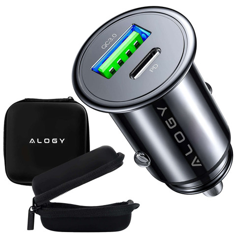 Alogy Car Ładowarka samochodowa USB QC 3.0 18W + USB C PD 30W szybka mocna do telefonu czarna