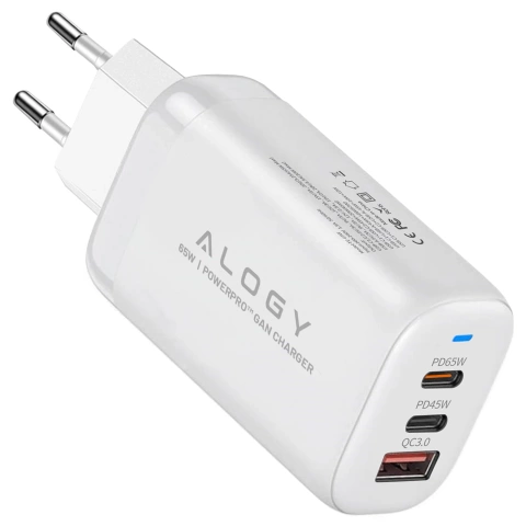 Ładowarka Sieciowa 3w1 z Technologią GaN3 65W, Szybkie Ładowanie PD i QC, Porty 2x USB-C 65W + USB-A 30W, Kompaktowa i Wydajna, Alogy GaNCharge Compact™ – Biała