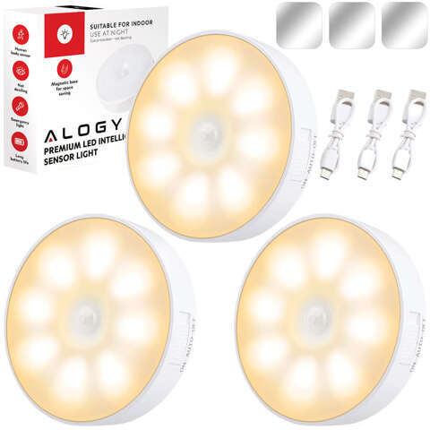 3x Alogy Lampka LED z czujnikiem ruchu Sensor Light Bezprzewodowa lampa nocna oświetlenie meblowe Światło ciepłe