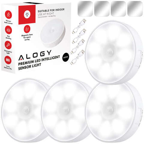 4x Alogy Lampka LED z czujnikiem ruchu Sensor Light Bezprzewodowa lampa nocna oświetlenie meblowe Światło zimne