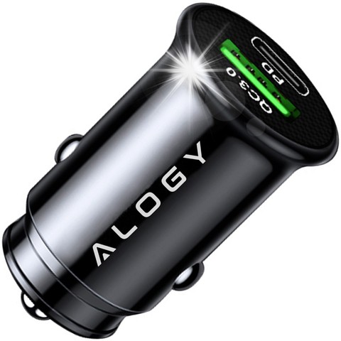 Alogy Car Ładowarka samochodowa USB QC 3.0 18W + USB C PD 20W szybka mocna do telefonu czarna