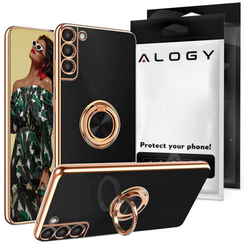 Alogy Etui TPU Luxury Ring Case z uchwytem na palec do Samsung Galaxy S21 FE 5G czarne ze złotą ramką