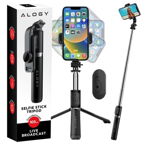 Alogy Kijek Selfie Stick uchwyt do telefonu zdjęć statyw Tripod 103 cm + Pilot Bluetooth Czarny