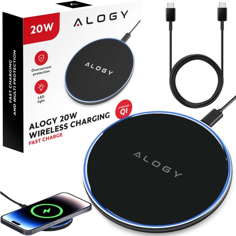 Alogy Ładowarka indukcyjna QI bezprzewodowa 20W szybka LED okrągła  + kabel USB-CCzarna