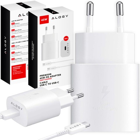 Alogy Ładowarka sieciowa USB-C typ C PD Premium szybka 45W 3A + Kabel Type-C 1M Biała