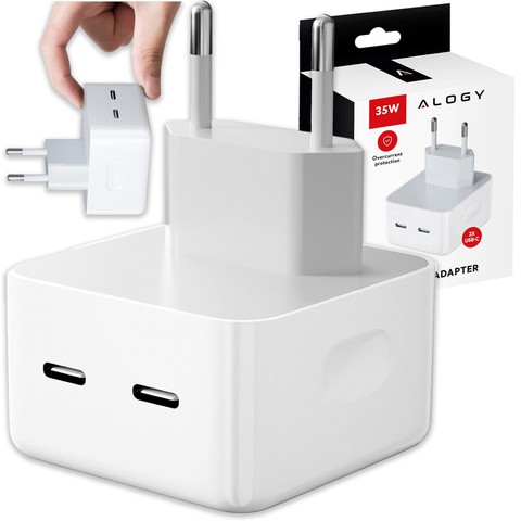 Alogy Ładowarka sieciowa szybka 35W 2x USB-C USB typ C PD do iPhone 2-portowa kostka Biała