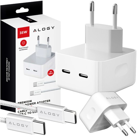 Alogy Ładowarka sieciowa szybka 35W 2x USB-C USB typ C PD do iPhone + Kabel type-C 1m Biała