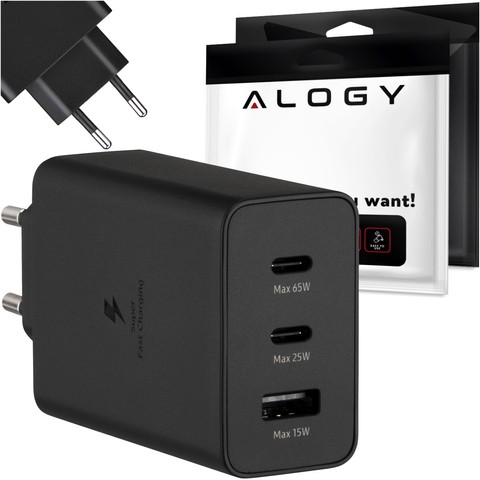 Alogy Ładowarka sieciowa szybka 65W 2x USB-C typ C PD + USB-A USB 3 porty mocna Czarna