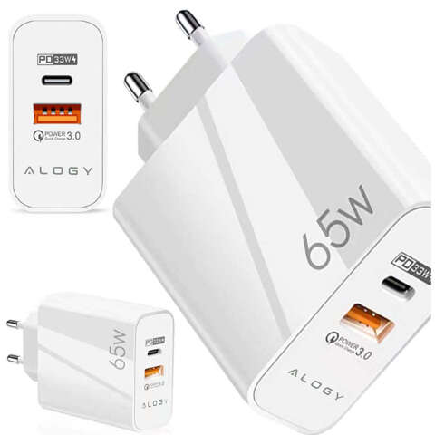 Alogy Ładowarka sieciowa szybka USB-A QC 3.0 Quick Charge + USB-C PD 33W 65W Biała