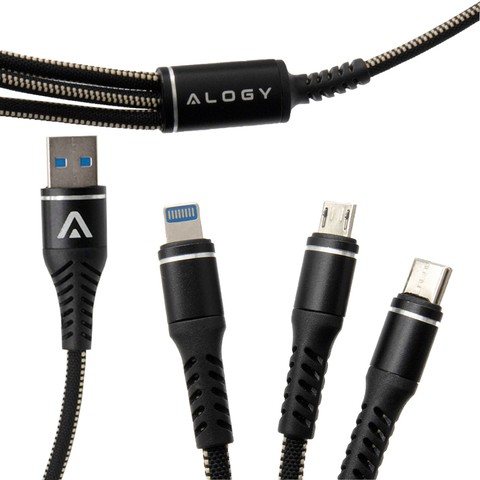 Alogy Nylon Kabel 3w1 USB-C Typ C Lightning micro USB 5A Black