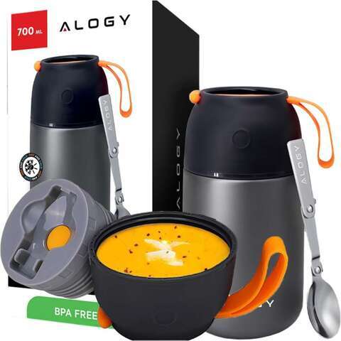 Alogy Termos obiadowy na jedzenie zupe dla dzieci 700ml ze stali nierdzewnej + składana łyżeczka termiczny szary
