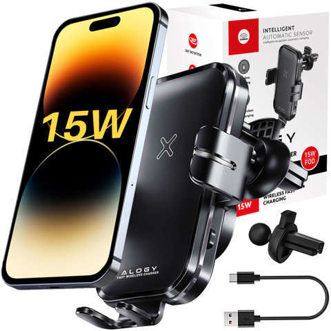 Alogy Uchwyt samochodowy Fast Wireless Charging Car Holder z Ładowarką Qi indukcyjną 15W do auta na kratkę