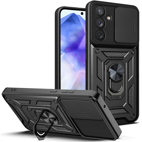 Etui pancerne do Samsung Galaxy A55 5G Camshield Case Ring Alogy Stand z osłonką na aparat slide czarne