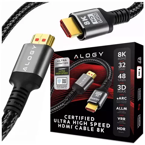 Kabel HDMI 2.1 Alogy 1m 4K 8K PREMIUM MIEDŹ ULTRA High Speed 60Hz 48GBps Czarny