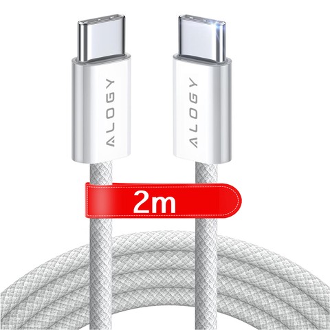 Kabel USB-C typ C mocny szybki PD 2M do iPhone 15 Alogy nylonowy przewód Biały